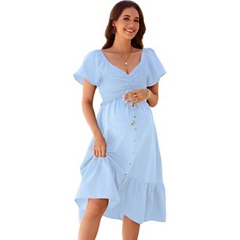 Women's Maternity V-Neck Flutter Sleeve Smocked Ruffle Hem Midi Dress