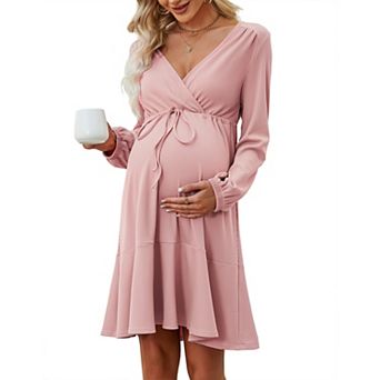 Women's Maternity Dress Long Sleeve Wrap Ribbed Drawstring Nursing Dress Ruffle Hem Lounge Dresses