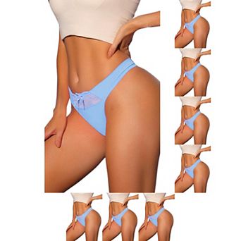 8 Packs Women's Low-Rised Satin Bikini Panties Elastic Lace Waist Thongs Underwear
