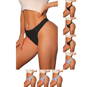 8 Packs Women's Low-Rised Satin Bikini Panties Elastic Lace Waist Thongs Underwear
