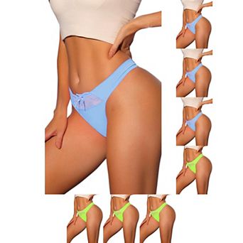 8 Packs Women's Low-Rised Satin Bikini Panties Elastic Lace Waist Thongs Underwear