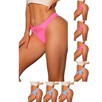 8 Packs Women's Low-Rised Satin Bikini Panties Elastic Lace Waist Thongs Underwear