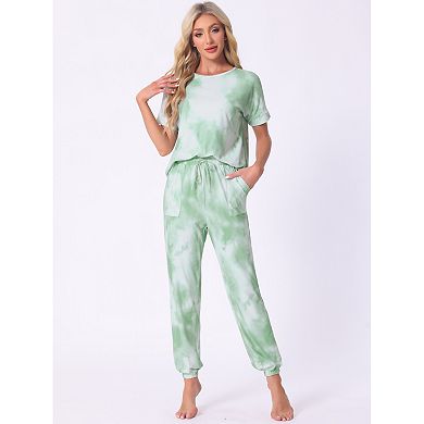 Womens Pajamas Set Soft Sleepwear Tie Dye T-shirt with Pants Pjs Set with Pocket Sweatsuit Outfits