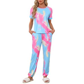 Womens Pajamas Set Soft Sleepwear Tie Dye T-shirt with Pants Pjs Set with Pocket Sweatsuit Outfits