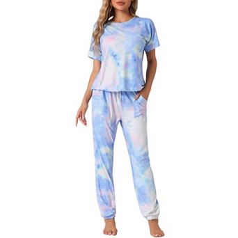 Womens Pajamas Set Soft Sleepwear Tie Dye T-shirt with Pants Pjs Set with Pocket Sweatsuit Outfits