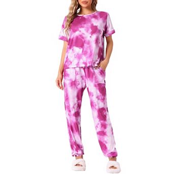 Womens Pajamas Set Soft Sleepwear Tie Dye T-shirt with Pants Pjs Set with Pocket Sweatsuit Outfits