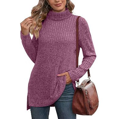 Women's Turtleneck Tunic Sweaters Long Sleeve Ribbed Knit Comfy Loose Casual Fall Sweater
