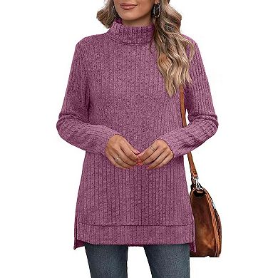 Women's Turtleneck Tunic Sweaters Long Sleeve Ribbed Knit Comfy Loose Casual Fall Sweater