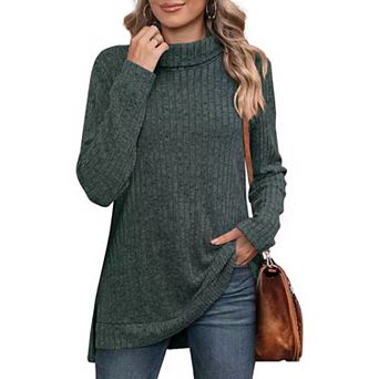 Women's Turtleneck Tunic Sweaters Long Sleeve Ribbed Knit Comfy Loose Casual Fall Sweater