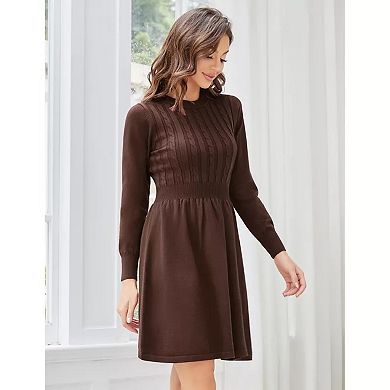 Women Long Sleeve Knitted Crewneck High Waist A-Line Cute Mini Sweater Dress
