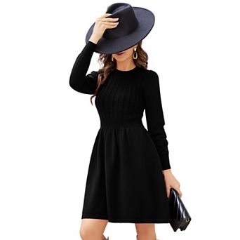 Women Long Sleeve Knitted Crewneck High Waist A-Line Cute Mini Sweater Dress