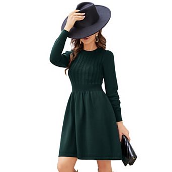Women Long Sleeve Knitted Crewneck High Waist A-Line Cute Mini Sweater Dress