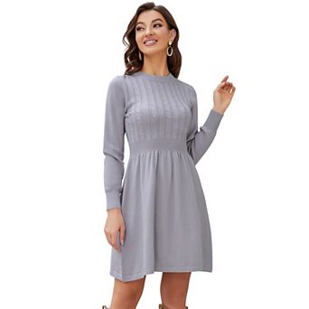 Women Long Sleeve Knitted Crewneck High Waist A-Line Cute Mini Sweater Dress
