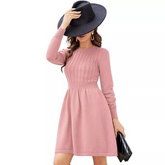 Women Long Sleeve Knitted Crewneck High Waist A-Line Cute Mini Sweater Dress