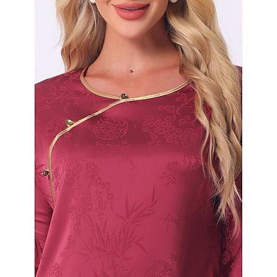 Women's Pajamas Silky Long Sleeve Floral Round Neck Hanfu Loungewear Set