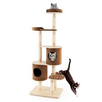 6 tier Wooden Cat Tree with 2 Removeable Condos Platforms and Perch
