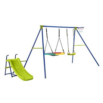 4-in-1 Heavy-Duty Metal Playset with Slide and Basketball Hoop