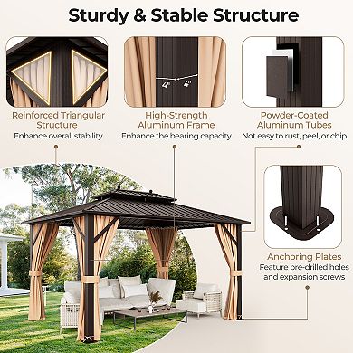10x13ft Double-Roof Patio Hardtop Gazebo with Galvanized Steel Roof Netting and Curtains-Coffee