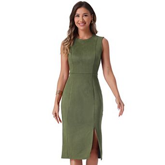 Faux Suede Dresses for Women's Sleeveless Crewneck Split Hem Work Sheath Dress