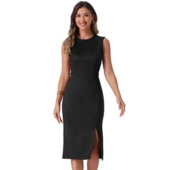 Faux Suede Dresses for Women's Sleeveless Crewneck Split Hem Work Sheath Dress