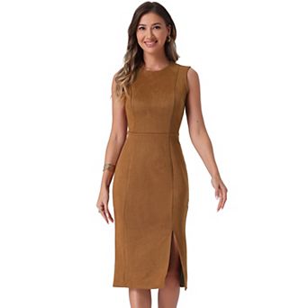 Faux Suede Dresses for Women's Sleeveless Crewneck Split Hem Work Sheath Dress