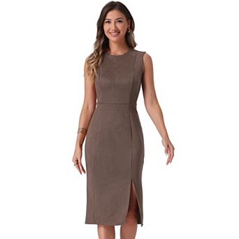 Faux Suede Dresses for Women's Sleeveless Crewneck Split Hem Work Sheath Dress