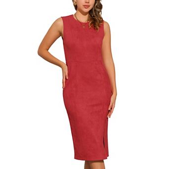 Faux Suede Dresses for Women's Sleeveless Crewneck Split Hem Work Sheath Dress