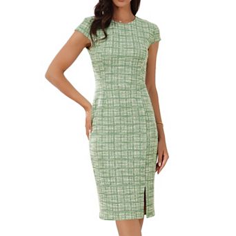 Women's Tweed Pencil Elegant Dress Crew Neck Cap Sleeve Vintage Bodycon Midi Dresses