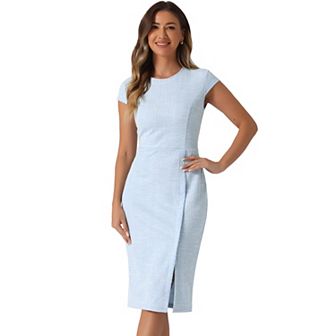 Women's Tweed Pencil Elegant Dress Crew Neck Cap Sleeve Vintage Bodycon Midi Dresses