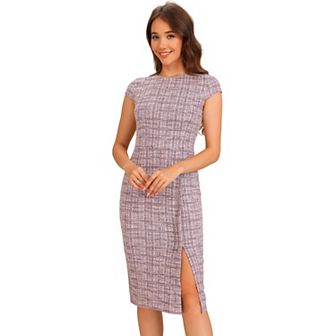 Women's Tweed Pencil Elegant Dress Crew Neck Cap Sleeve Vintage Bodycon Midi Dresses