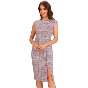 Women's Tweed Pencil Elegant Dress Crew Neck Cap Sleeve Vintage Bodycon Midi Dresses
