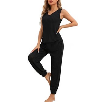 Women's Pajamas Loungewear Knit Sleeveless V Neck Tank Tops with Pants Pjs Set Sweatsuit Outfits