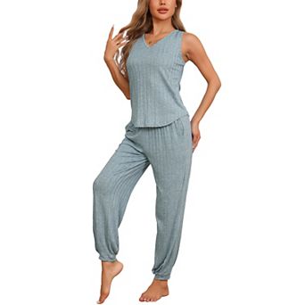 Women's Pajamas Loungewear Knit Sleeveless V Neck Tank Tops with Pants Pjs Set Sweatsuit Outfits