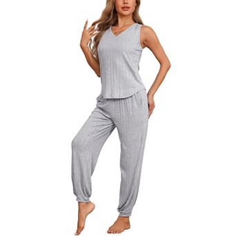 Women's Pajamas Loungewear Knit Sleeveless V Neck Tank Tops with Pants Pjs Set Sweatsuit Outfits