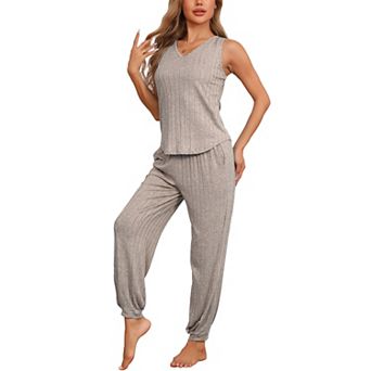 Women's Pajamas Loungewear Knit Sleeveless V Neck Tank Tops with Pants Pjs Set Sweatsuit Outfits