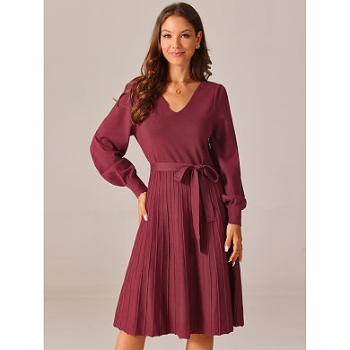Women's V Neck Tie Waist Dress Casual Long Sleeve Pleated Knit A-Line ...
