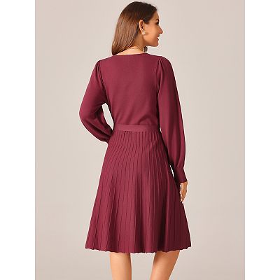 Women's V Neck Tie Waist Dress Casual Long Sleeve Pleated Knit A-Line  Sweater Dress