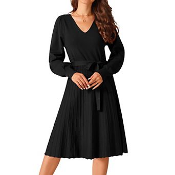 Women's V Neck Tie Waist Dress Casual Long Sleeve Pleated Knit A-Line Sweater Dress