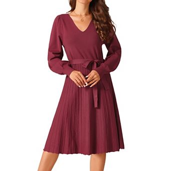Women's V Neck Tie Waist Dress Casual Long Sleeve Pleated Knit A-Line Sweater Dress