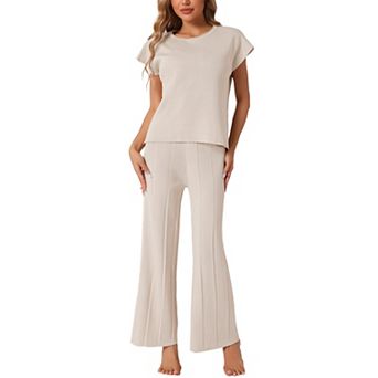 Womens Knit Tracksuit Lounge Matching Sweatsuits Tops and Wide Leg Pants 2 pc Outfits Sets