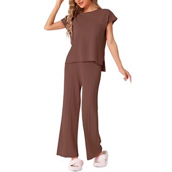 Womens Knit Tracksuit Lounge Matching Sweatsuits Tops and Wide Leg Pants 2 pc Outfits Sets