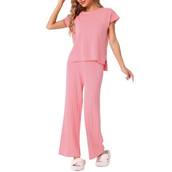 Womens Knit Tracksuit Lounge Matching Sweatsuits Tops and Wide Leg Pants 2 pc Outfits Sets