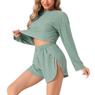 Womens Loungewear Pajamas Hollow Out Long Sleeve Tops with Slit Shorts Outfits Sets