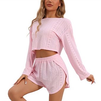 Womens Loungewear Pajamas Hollow Out Long Sleeve Tops with Slit Shorts Outfits Sets
