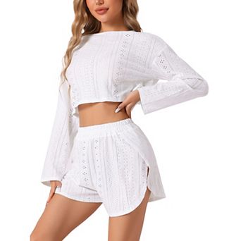 Womens Loungewear Pajamas Hollow Out Long Sleeve Tops with Slit Shorts Outfits Sets