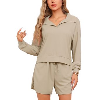 Women's Waffle Knit Pajamas Matching Outfits Long Sleeve Top and Shorts 2 pc Lounge Sets