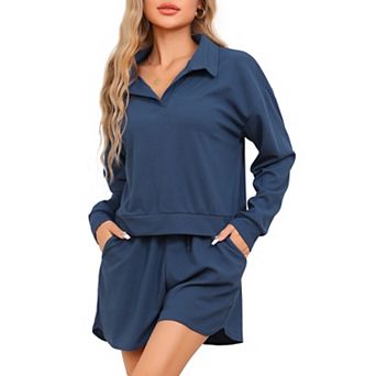 Women's Waffle Knit Pajamas Matching Outfits Long Sleeve Top and Shorts 2 pc Lounge Sets