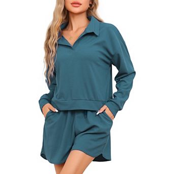 Women's Waffle Knit Pajamas Matching Outfits Long Sleeve Top and Shorts 2 pc Lounge Sets