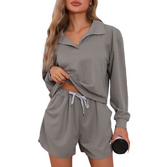 Women's Waffle Knit Pajamas Matching Outfits Long Sleeve Top and Shorts 2 pc Lounge Sets