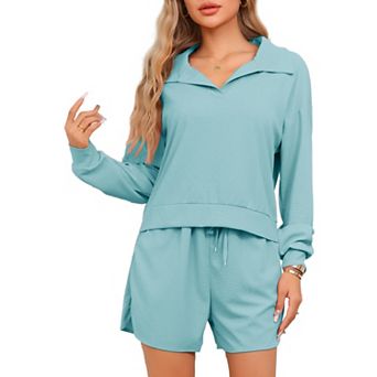 Women's Waffle Knit Pajamas Matching Outfits Long Sleeve Top and Shorts 2 pc Lounge Sets